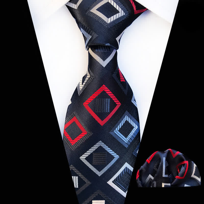 2 Stück Schwarz & Rot Herren Kubisches Geometrisches Cravat Krawatte Set