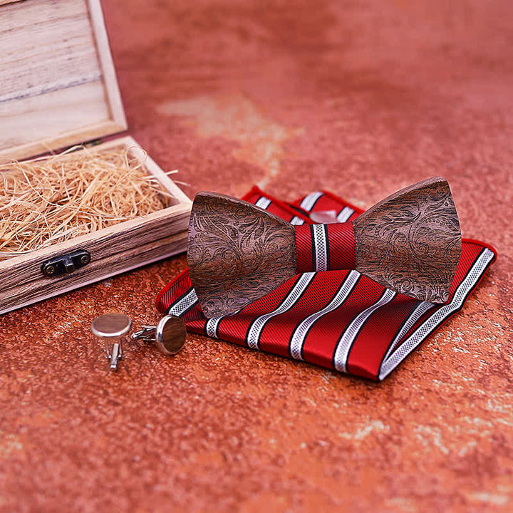 3er Set Herren Fliege aus Schwarznuss Holz mit Paisley-Muster