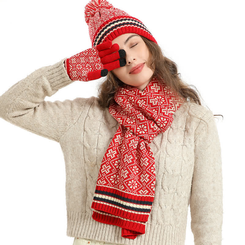 3-teiliges Unisex Schneeflocken-Set mit Mütze, Schal und Touchscreen-Handschuhen