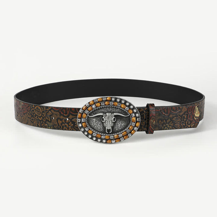 Herrengürtel aus Leder mit geschnitztem Stierkopf und Holzperlen