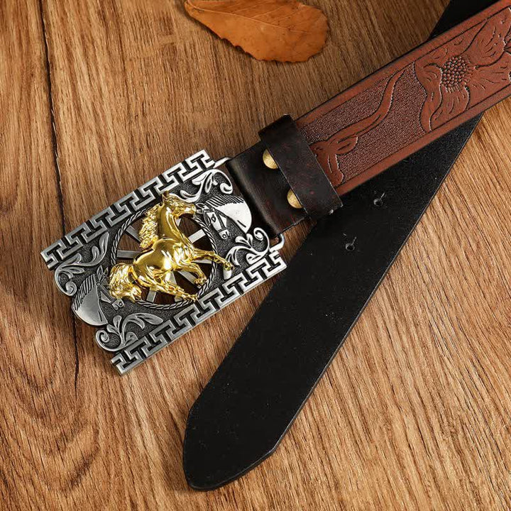 Herren Gürtel aus Leder mit geometrischer Schnalle und galoppierendem Pferd