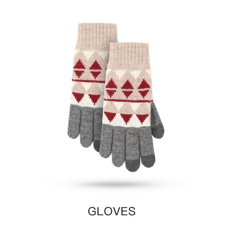 3-teiliges Damen-Set mit Mütze, Schal und Handschuhen im Dreiecksmuster