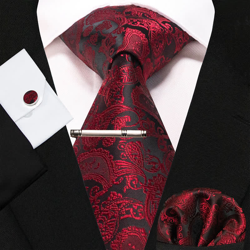 4er-Set Kräftig Rot & Schwarz Exquisite Paisley Krawatte Set für Männer