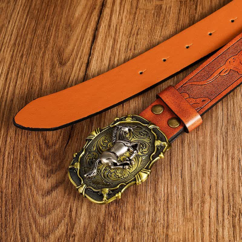 Herren Gürtel aus Leder mit geometrischer Schnalle und galoppierendem Pferd