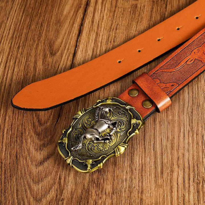 Herren Gürtel aus Leder mit geometrischer Schnalle und galoppierendem Pferd