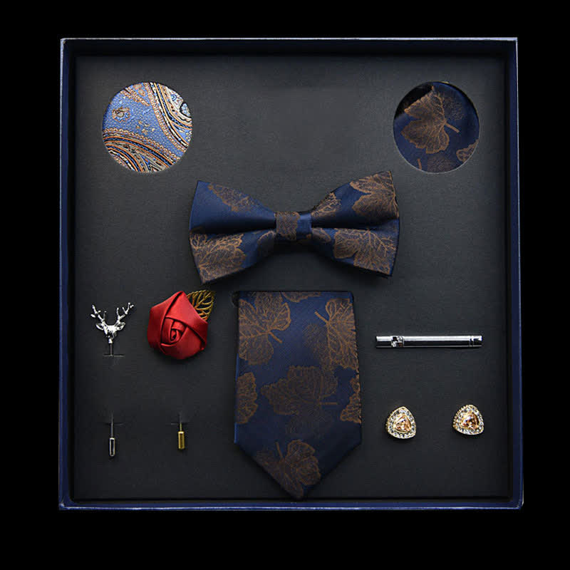 8 Stück Navy&Braun Vintage Blatt Krawattenschleifen Geschenkbox
