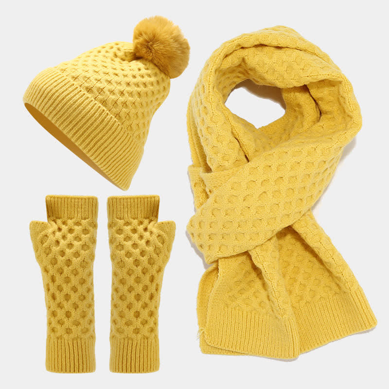 3-tlg. Strickset: Mütze, Schal und Handschuhe mit Kreuzmuster für Damen