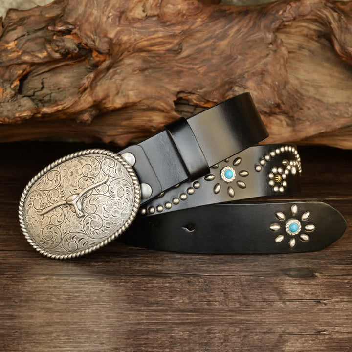 Herren Punk-Nieten Longhorn Bull Türkis Echtes Leder Gürtel