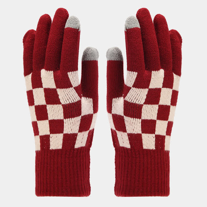 3-teiliges Unisex-Schachbrettmuster Mützen-Schal-Handschuh-Set