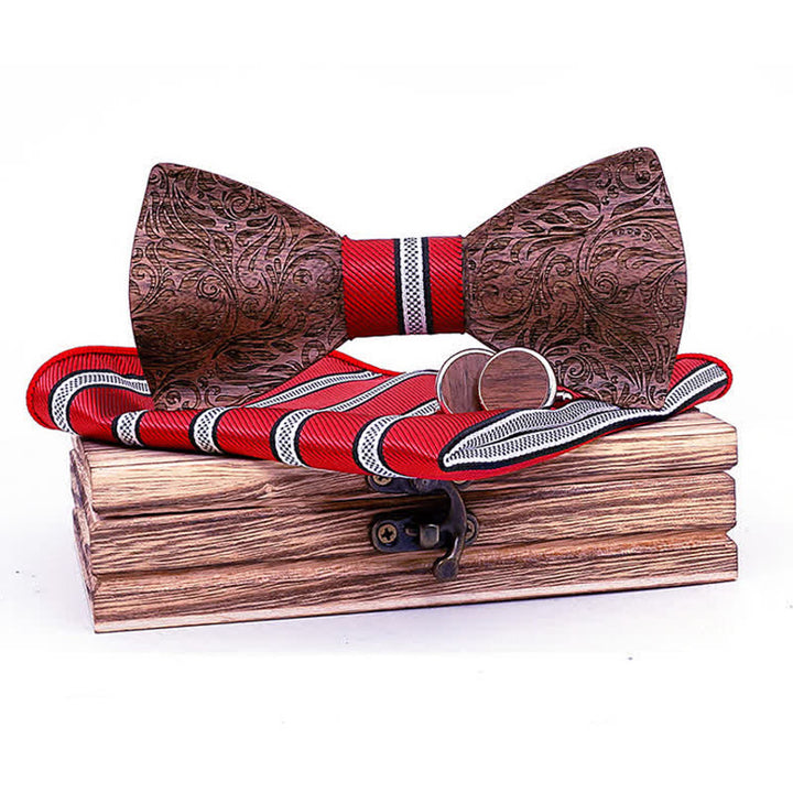 3er Set Herren Fliege aus Schwarznuss Holz mit Paisley-Muster