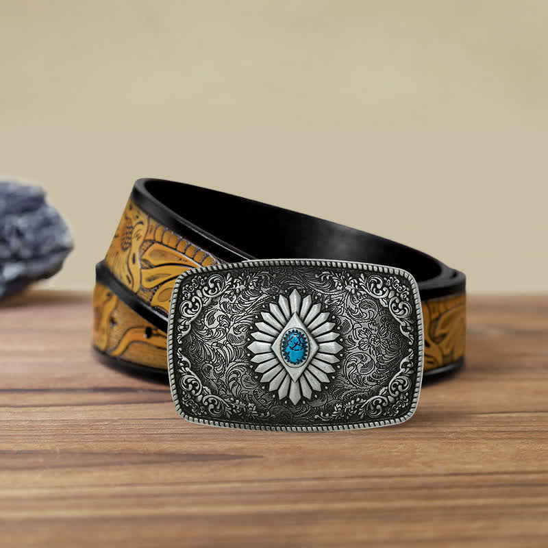 Herren DIY quadratischer türkisfarbener Westschnallen-Ledergürtel