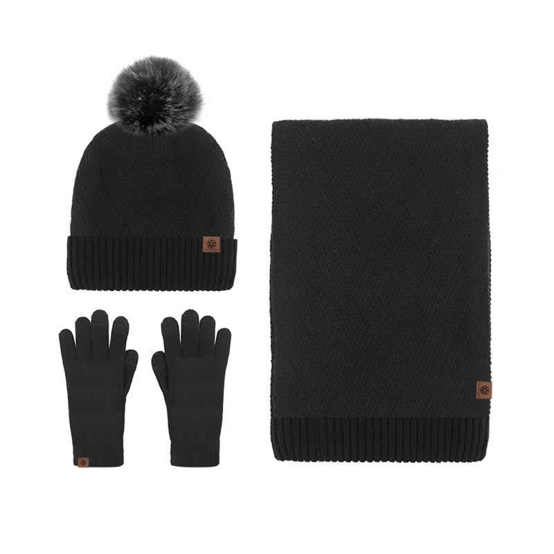 3er-Set Damen-Pompom-Gestrickter Hut-Schal-Touchscreen-Handschuhe