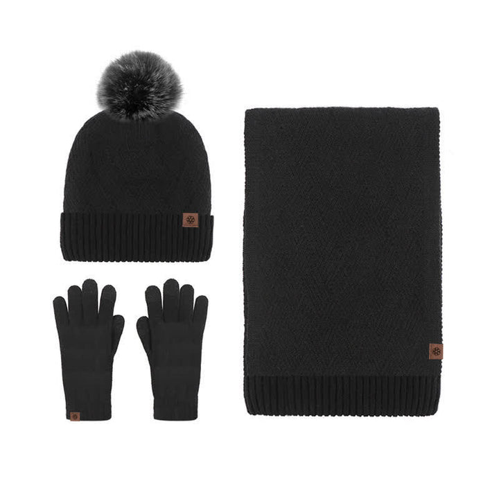 3er-Set Damen-Pompom-Gestrickter Hut-Schal-Touchscreen-Handschuhe