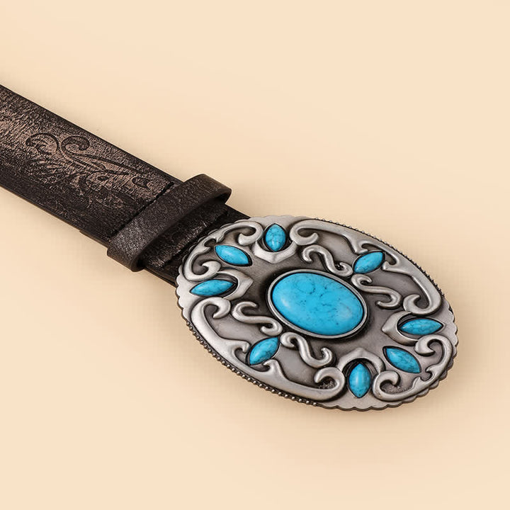 Damen Ledergürtel mit ovaler Schnalle und türkisfarbenem Dekor