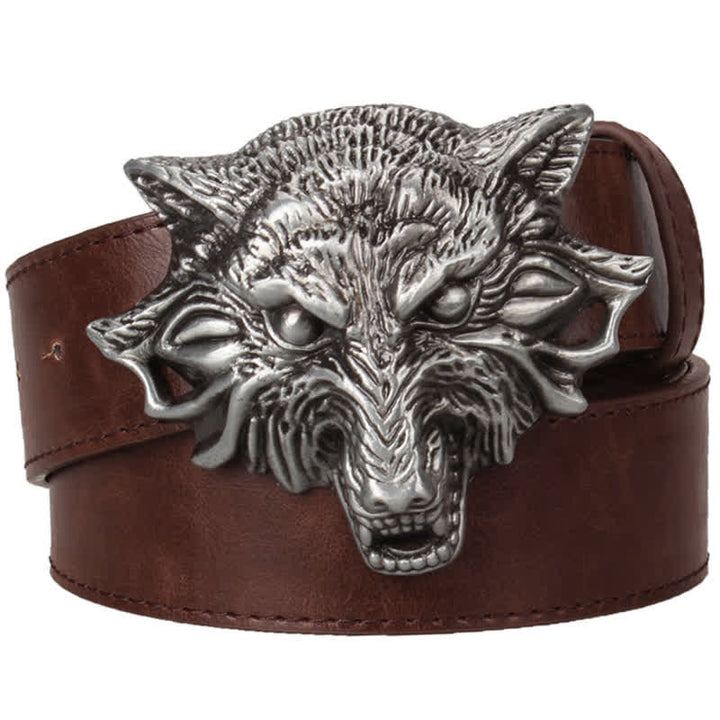 Ledergürtel für Herren mit beeindruckendem Wolfskopf-Gravurdesign