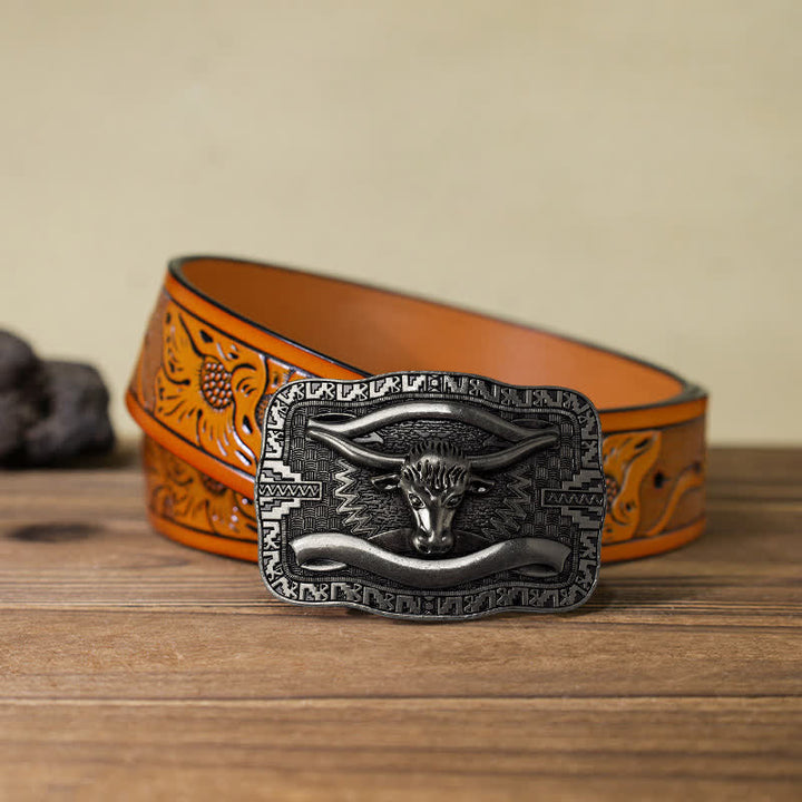 Herren-DIY-Silberne quadratische Langhorn-Stier-Schnallen-Ledergürtel