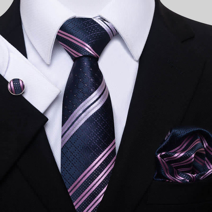 3-teiliges Set für Herren - Edle Krawatte in Navy & Violett mit Streifen