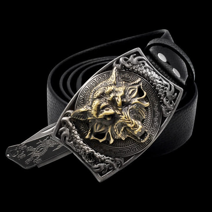 Goldfarbener Wolfskopf-Ledergürtel für Herren mit Klappmesser