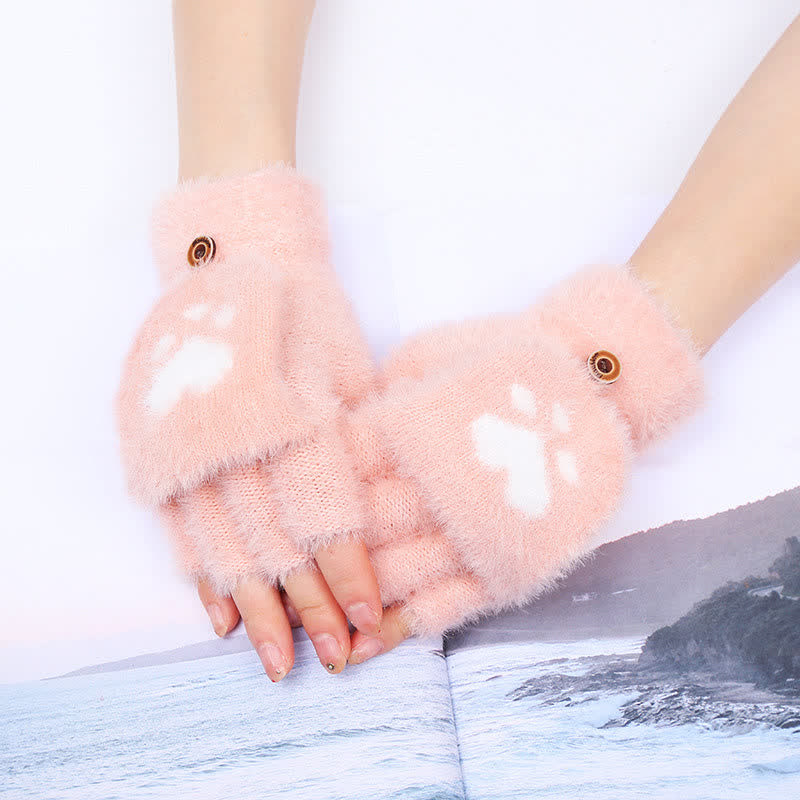 Damen Warme Katzenpfote Print Fäustlinge Flauschige Handschuhe
