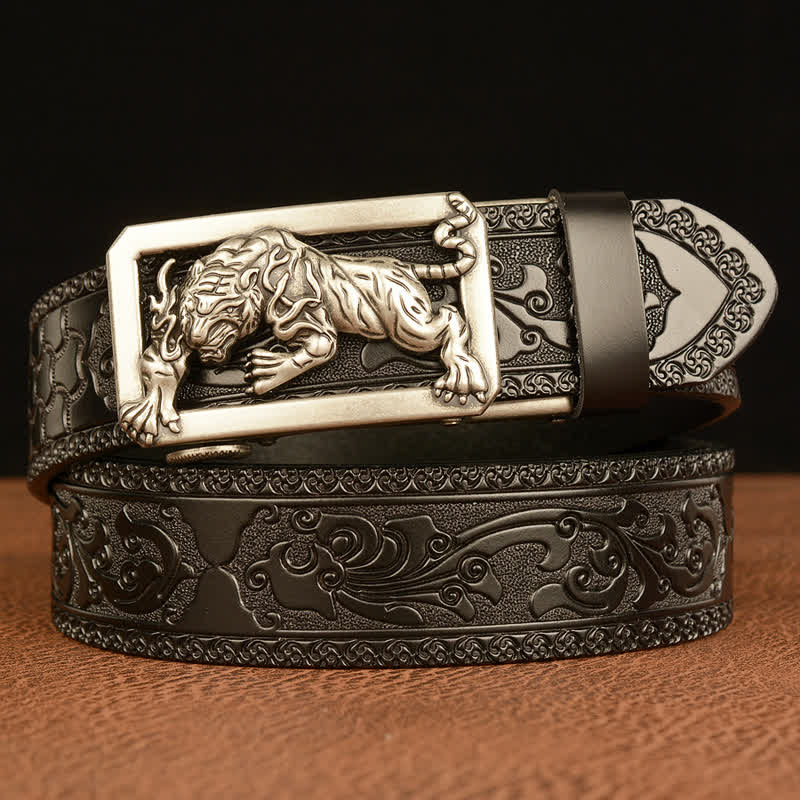 Herren Gürtel mit Tiger-Schließe und Blumenmuster