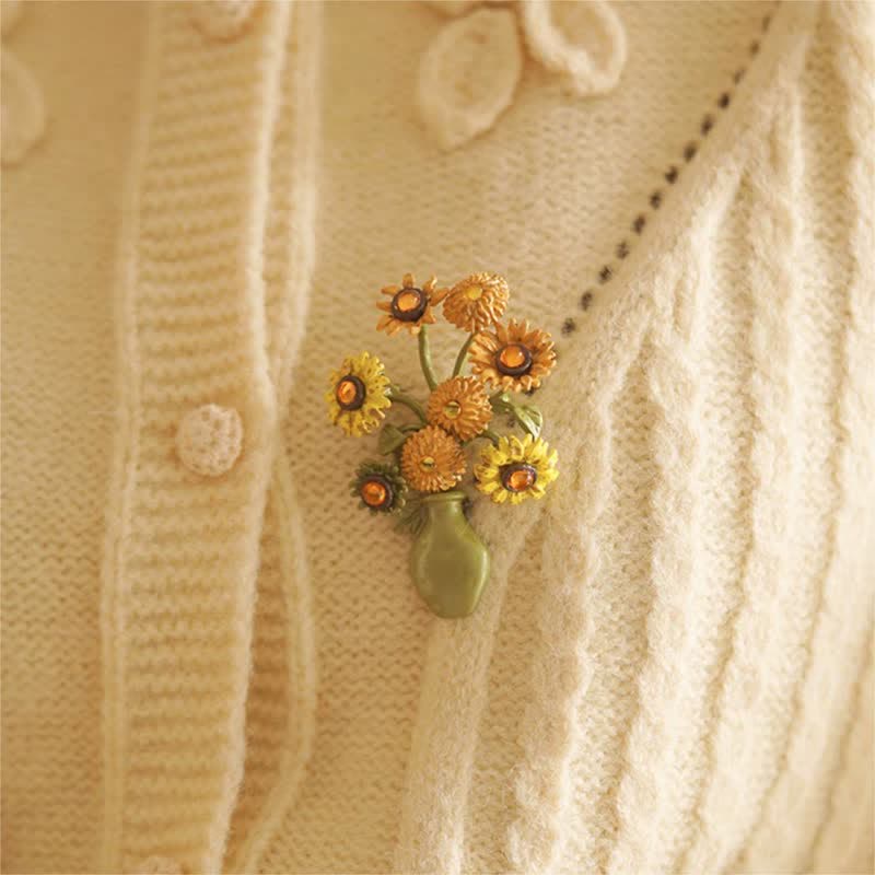Frauen Emaille Sonnenblumen Vase Brosche
