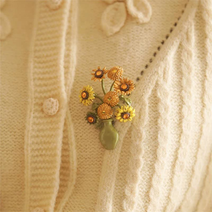 Frauen Emaille Sonnenblumen Vase Brosche