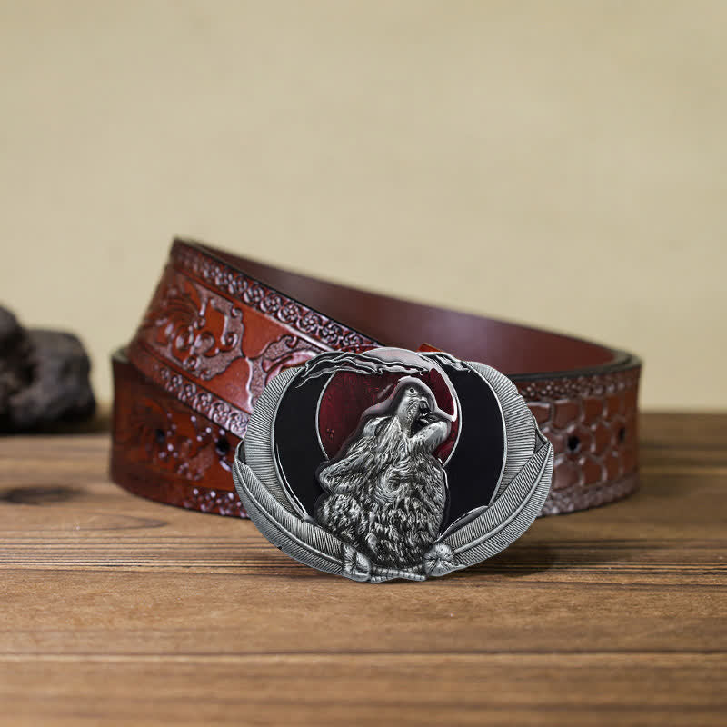 Herren DIY Heulender Wolf Mond Oval Schnalle Ledergürtel