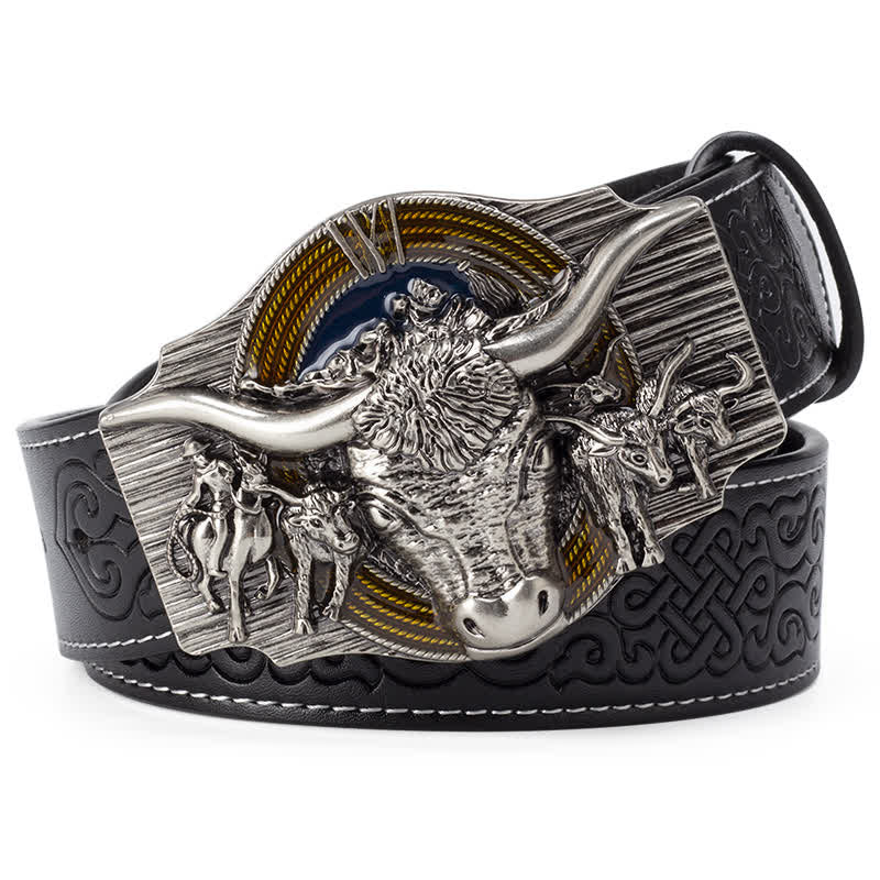 Herrengürtel aus Leder mit Longhorn-Bull-Prägung - Schwarz / Silber - 46 - image 0
