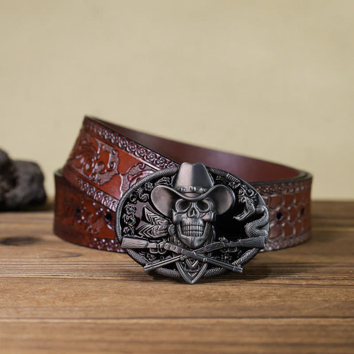 Herren DIY Totenkopf mit gekreuzten Pistolen Schnalle Leder Gürtel