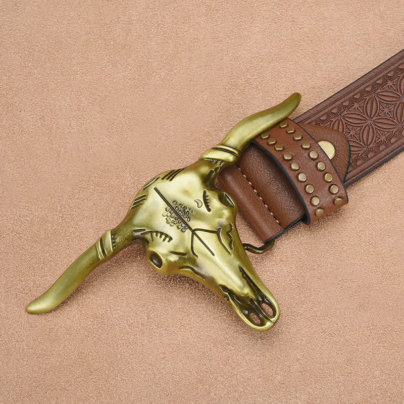 Herren-Western-Ledergürtel mit geprägtem Rinderkopf und Nieten
