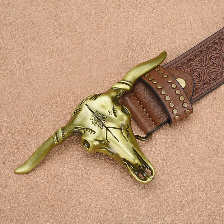 Herren-Western-Ledergürtel mit geprägtem Rinderkopf und Nieten
