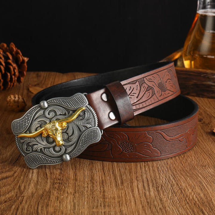 Herren quadratischer Gürtel aus goldenem Longhorn-Bullenleder