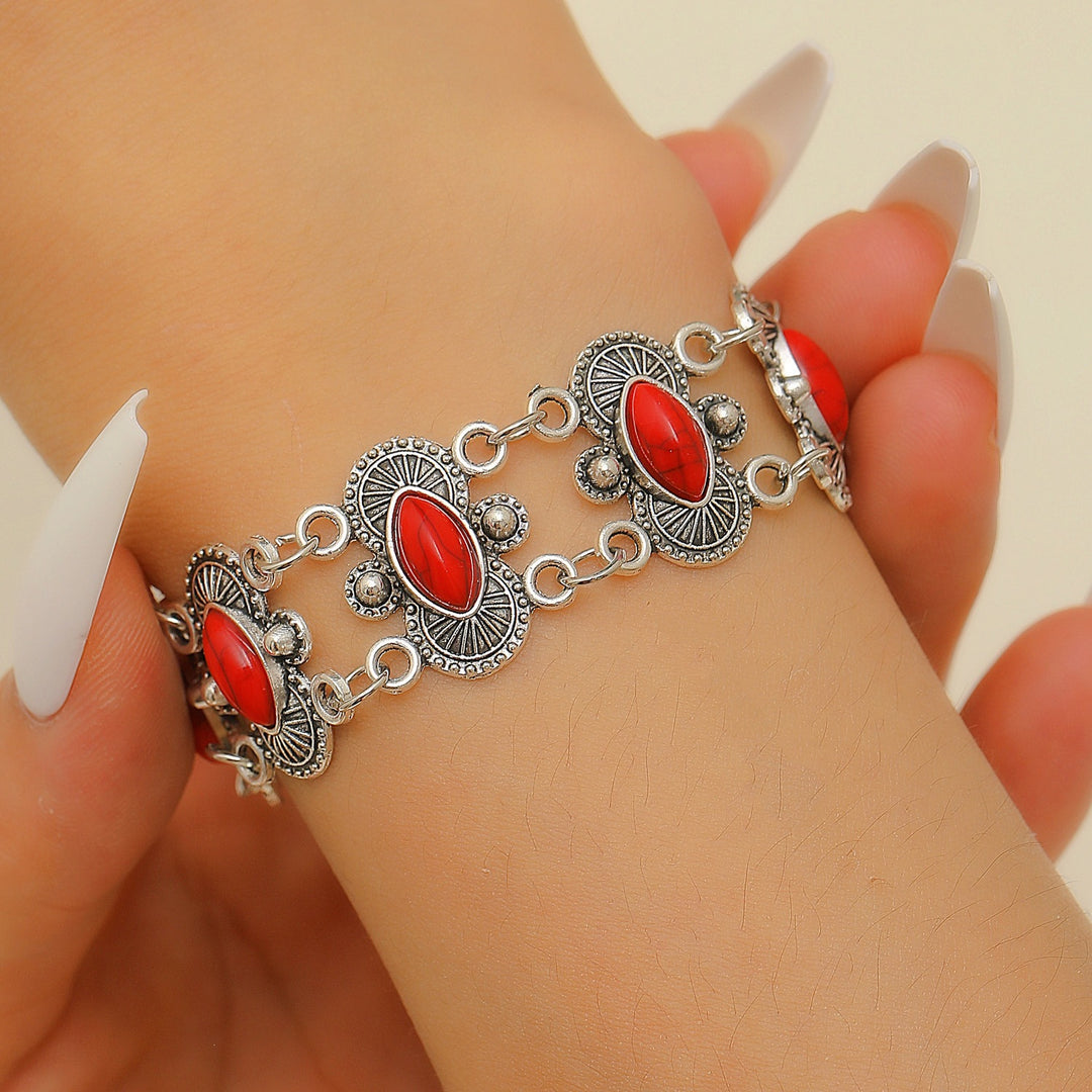 Vintage Boho Armband aus getürkisfarbenem, antiksilbernem, geschnitztem Gliederarmband im Marquise-Stil - Rot - image 1