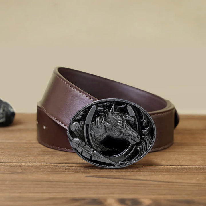 Herren DIY Hufeisen Schwarzer Emaille-Schnalle Ledergürtel