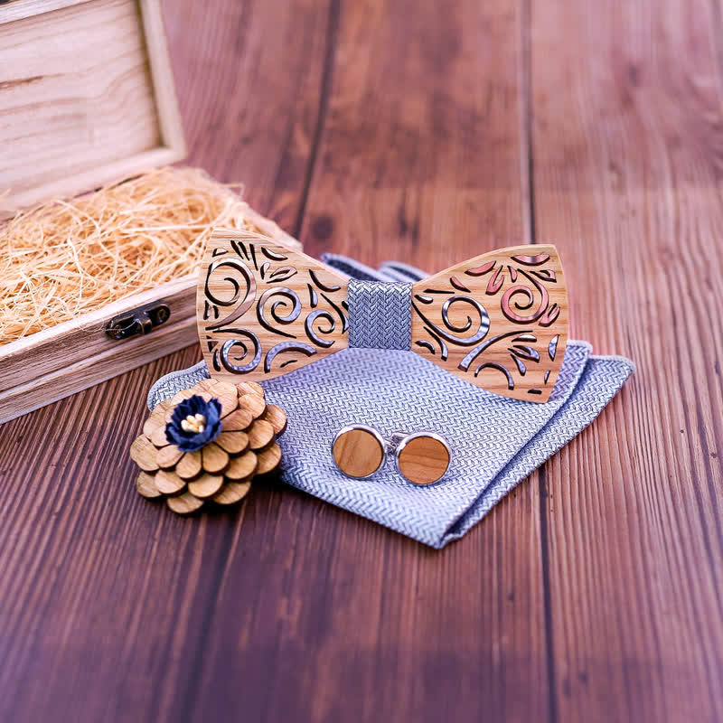 4er Set Herren Holzkrawatte im hohlen Blattdesign