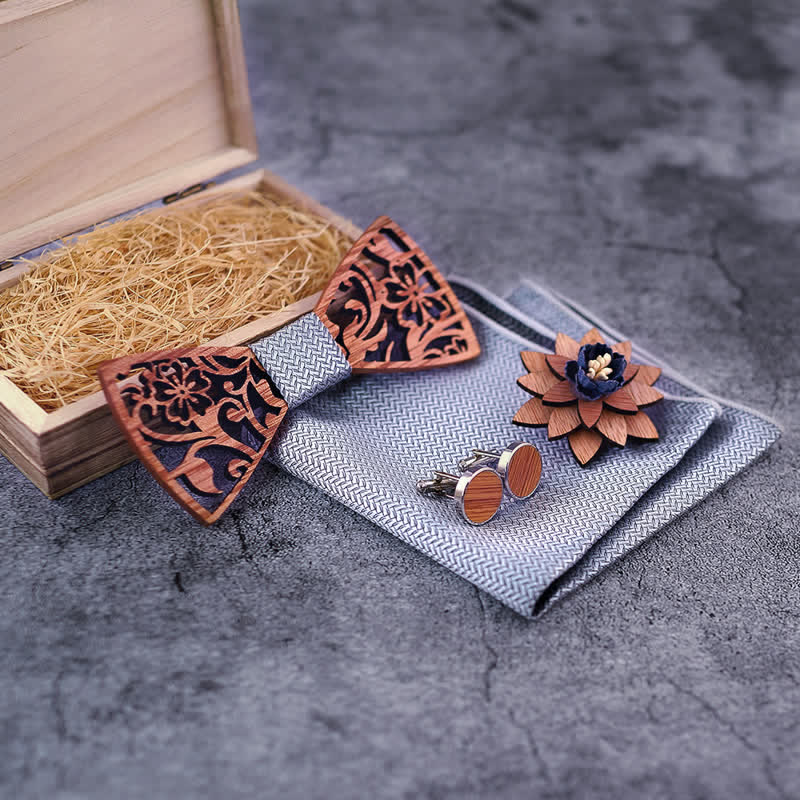 4-teiliges Herren-Set mit hohlen, floralen Holzfliegen