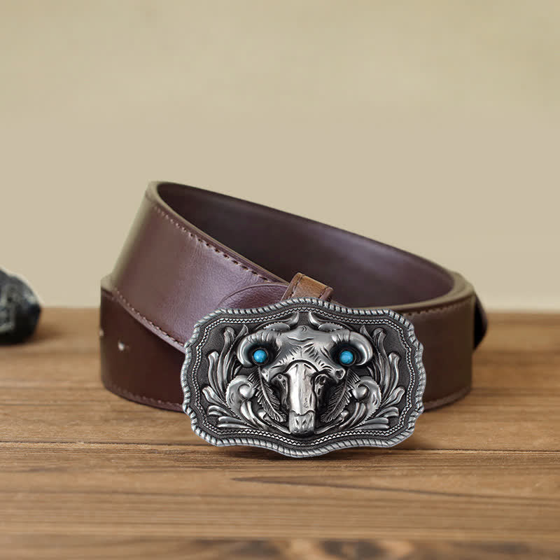 Men's DIY Goat Skull Turquoise Buckle Leder Gürtel