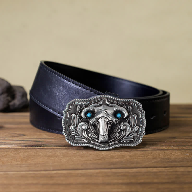 Men's DIY Goat Skull Turquoise Buckle Leder Gürtel