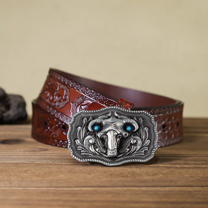 Men's DIY Goat Skull Turquoise Buckle Leder Gürtel