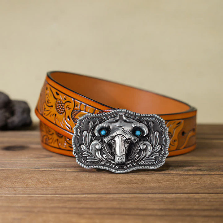 Men's DIY Goat Skull Turquoise Buckle Leder Gürtel
