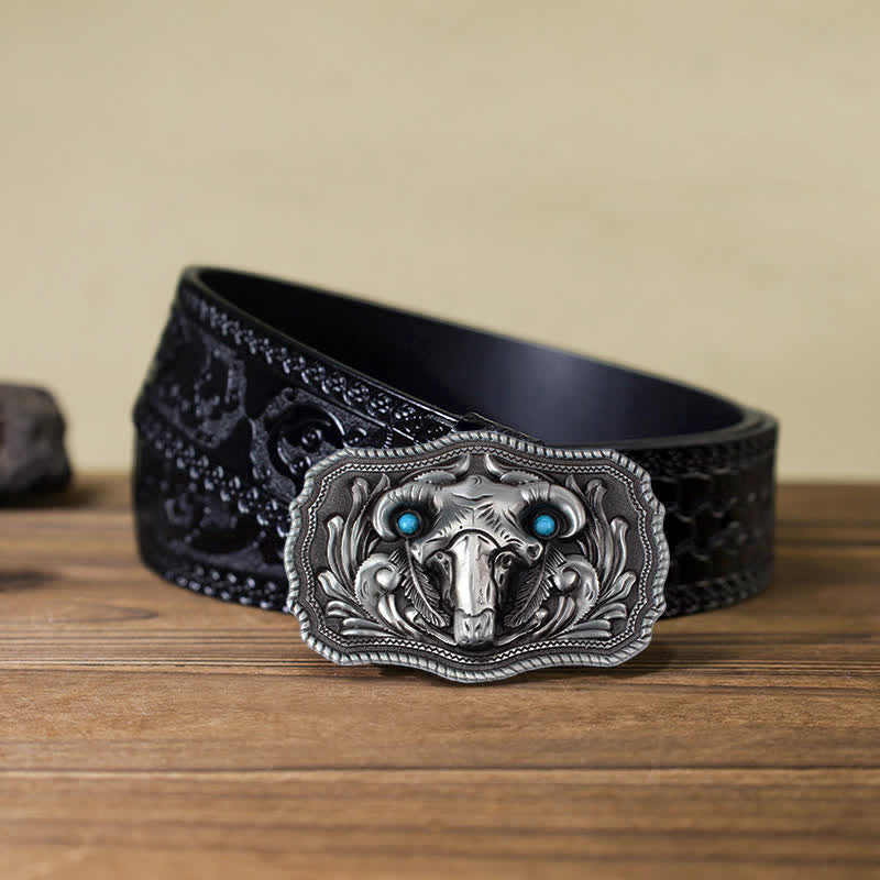 Men's DIY Goat Skull Turquoise Buckle Leder Gürtel