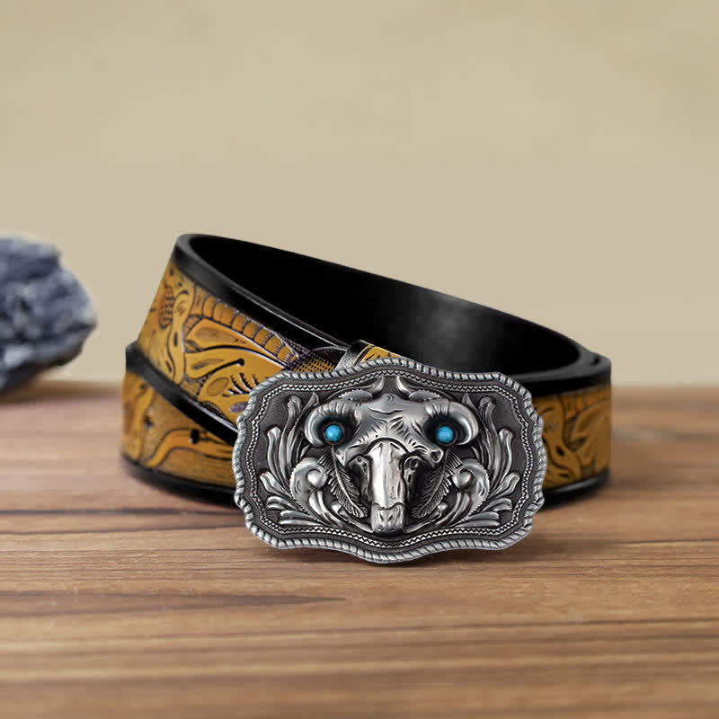 Men's DIY Goat Skull Turquoise Buckle Leder Gürtel