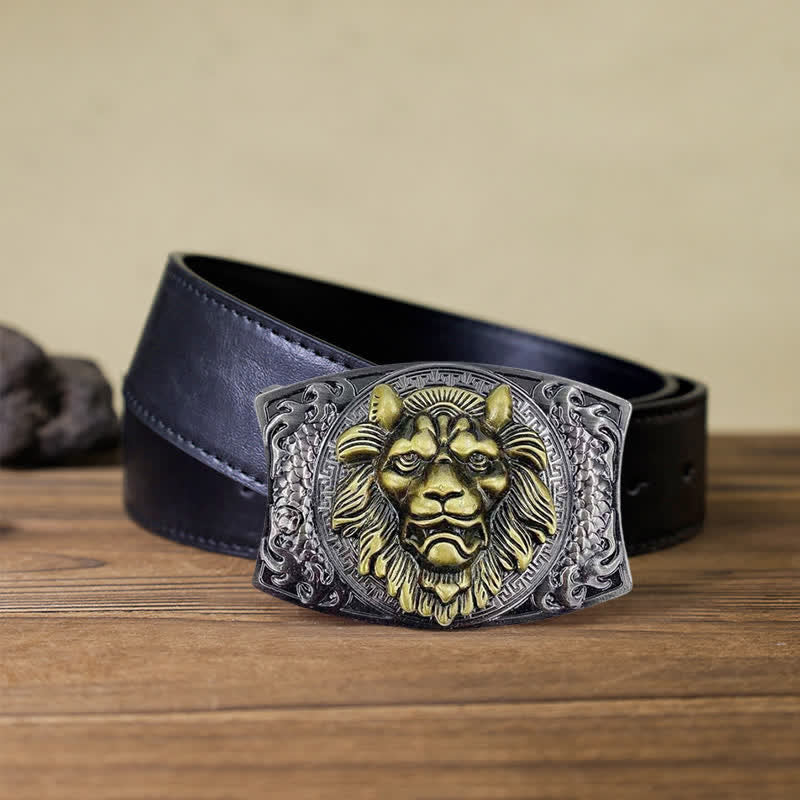 DIY-Ledergürtel für Herren mit verstecktem Klappmesser und goldenem Löwenmotiv