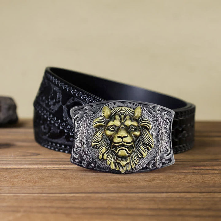DIY-Ledergürtel für Herren mit verstecktem Klappmesser und goldenem Löwenmotiv