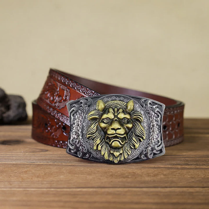 DIY-Ledergürtel für Herren mit verstecktem Klappmesser und goldenem Löwenmotiv
