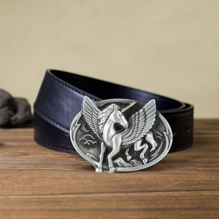 Herren DIY Antik Silberne Einhornschnalle Ledergürtel