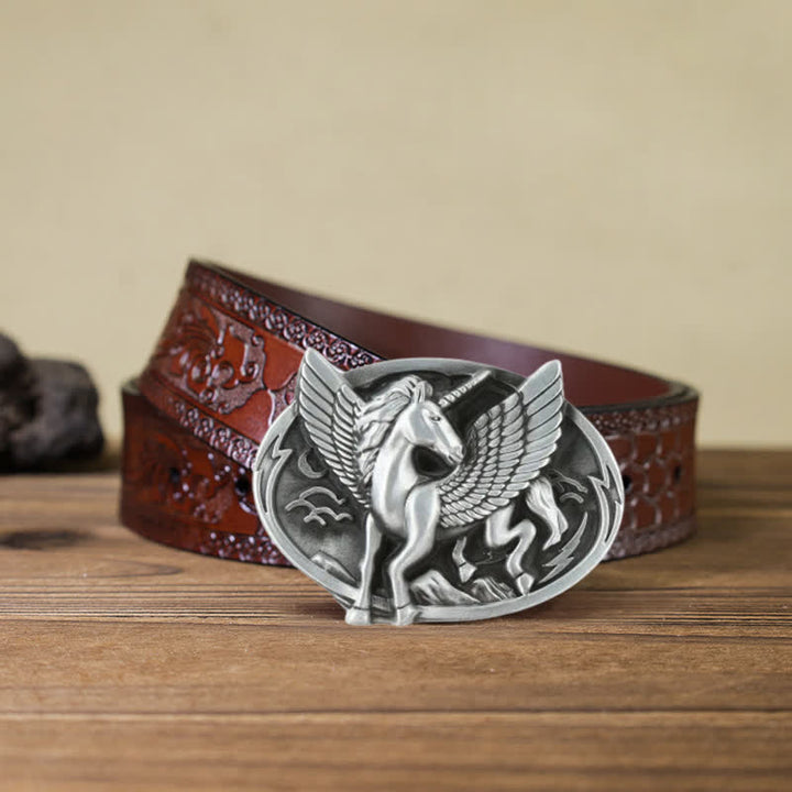 Herren DIY Antik Silberne Einhornschnalle Ledergürtel