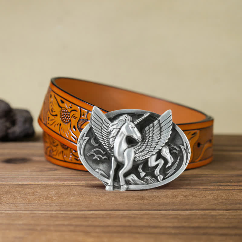 Herren DIY Antik Silberne Einhornschnalle Ledergürtel