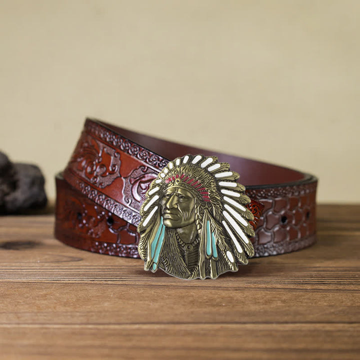 Herren-DIY-Farbiges Indianerchef-Schnalle-Ledergürtel