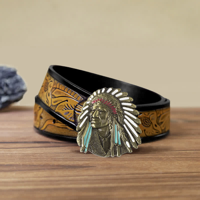 Herren-DIY-Farbiges Indianerchef-Schnalle-Ledergürtel